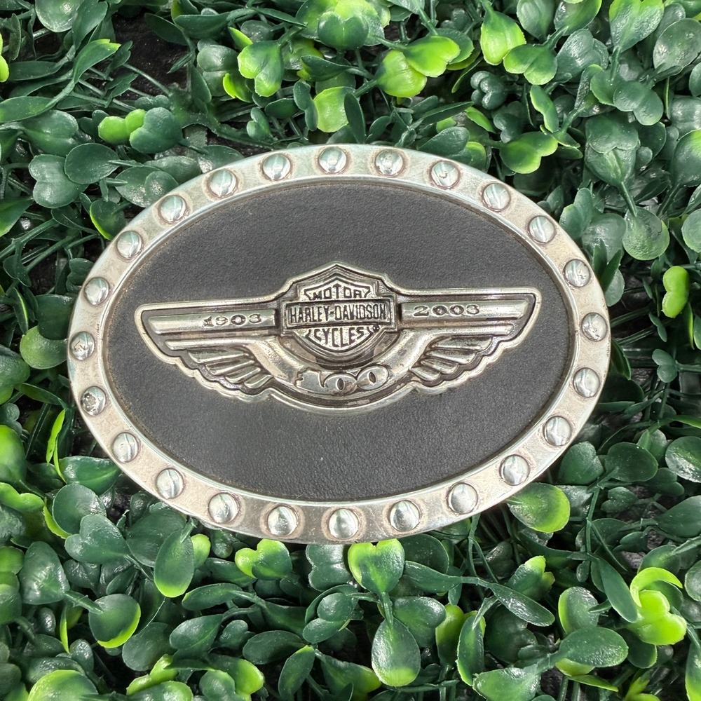 Harley-Davidson 100th Anniversary Belt Buckle 1903-2003 Winged Logo Studded Oval